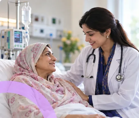 Illustrative doctor speaking with a patient in a hospital setting